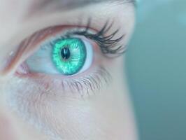 Close-Up of Human Eye with Vibrant Green Iris, Detailed Eyelashes, and Reflective Light, Ideal for Medical, Biological, and Technological Concepts in High Definition, Macro Photography photo
