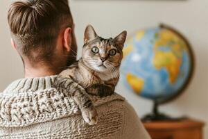 Man Holding Tabby Cat Facing Camera with World Globe in Background in Cozy Home Setting. Cat Day concept. photo
