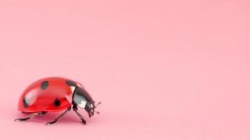Vibrant Red Ladybug on Soft Pink Background, Minimalist Insect Close-Up, Colorful Nature Macro Photography, High-Resolution Horizontal Shot, Ideal for Spring and Summer Themes photo