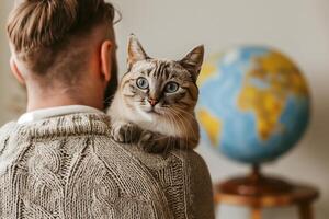 Cat Sitting on Man's Shoulder with Globe in Background, Cozy Indoor Scene, Focus on Cat's Face, Soft Light, Warm Sweater Details, Vintage Home Decor, Travel Vibes. Cat Day concept. photo