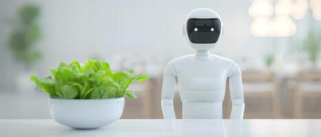 White Home Robot in Minimalistic Kitchen with Houseplant on Counter Hypnotic Scene of Technology Meets Nature Futuristic AI in Clean Bright Home photo