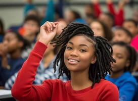 Smiling Student Raising Hand in Diverse Classroom, Engaged Learning Environment, Education Concept photo