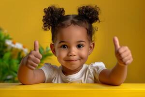 Smiling Child Giving Thumbs Up Gesture with Yellow Background Focused on Cheerful Expression and Positive Vibes for Bright and Joyful Kids Lifestyle Concept photo