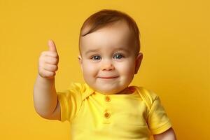 Happy Smiling Baby in Yellow Outfit with Thumbs Up Against Vibrant Yellow Background, Cheerful Positive Expression, Studio Portrait, Expressive Child Posing photo