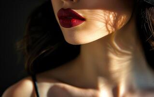 Elegant Close-Up of Woman's Face with Red Lips and Shadows, Highlighting Sophisticated Beauty and Sensuality in Dramatic Lighting photo