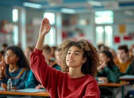 Engaged Student Raising Hand in Active Classroom Setting with Diverse Students Participating in Educational Activities, Bright Learning Atmosphere, Capturing Enthusiastic Learning Environment photo