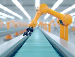 Advanced Robotic Arm in Modern Factory Setting with Conveyor Belt for Precision Automated Manufacturing and Industrial Robotics photo