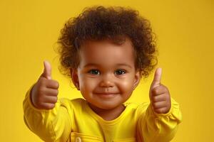 Adorable Smiling Toddler Giving Thumbs Up in Yellow Outfit Against Bright Background, Expressing Joy and Positivity, Suitable for Holiday Celebrations and Child-Friendly Designs photo