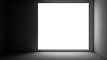 Empty white frame on dark wall background with lighting. Minimalist mockup template Large Bright White Window in Dark Room Creating High Contrast Minimalist Interior Design Concept. 8k Wallpaper. photo