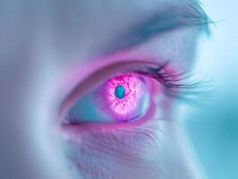 Futuristic Close-Up of Magenta Eye with Illuminated Patterns Reflecting Cyber Technology, Innovation, and Futuristic Concepts photo