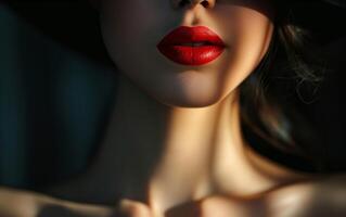 Sophisticated Close-Up of Woman's Lips With Red Lipstick Highlighting Glamour, Shadow Play, and Fashion Elegance photo