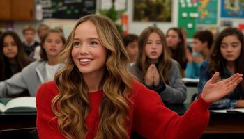 Enthusiastic Student in Red Sweater Participating in Classroom Discussion Surrounded by Classmates in Bright and Inviting Educational Setting photo