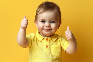 Baby Giving Thumbs Up, Smiling Expression, Wearing Yellow Shirt, Isolated On Yellow Background, Positive And Happy, Concept Of Approval And Joy, Bright Colors, Studio Shot photo