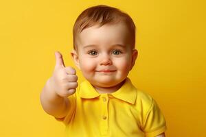Happy Toddler in Yellow Shirt Giving Thumbs Up on Yellow Background, Expressing Approval and Positivity, Perfect for Parenting, Advertising, or Childhood Themes, Bright and Cheerful Stock Image photo