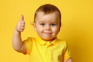 Happy Baby Giving Thumbs Up Against Bright Yellow Background Infant in Yellow Clothes Smiling at Camera Positive Gesture Symbolizing Approval Cute Toddler in Vibrant Studio Portrait photo