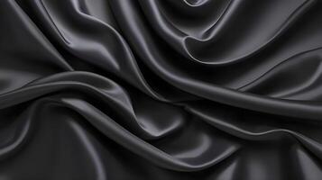 Black silk background, dark luxurious fabric draped texture folds in waves of flowing soft pattern photo