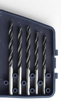 Part of set box for drill bits storage on white surface stock photo