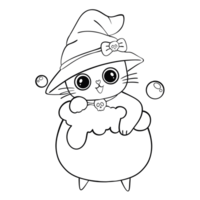 Illustration of a little cat in a cauldron, Halloween line drawing of a little witch cat png
