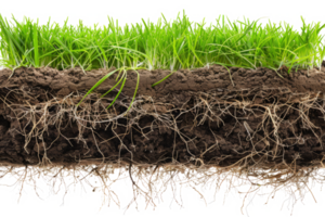 Green grass with root structure growing from soil layers png