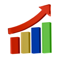 Glass 3d chart of growth and change in performance. Chart of rate dynamics. Trading arrow. Exchange trading. Reporting of sales and profits. 3D rendering. png
