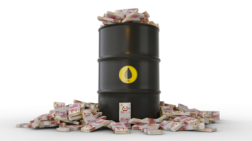 Stacks of British pound notes inside black Oil Barrel isolated on transparent background. 3d rendering png