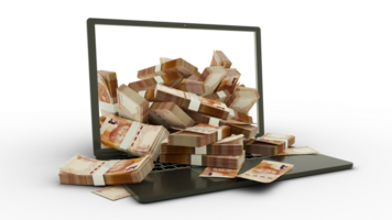 3D rendering of South Africa Rand notes coming out of a Laptop monitor isolated on transparent background. stacks of South Africa Rand notes inside a laptop. money from computer, money from laptop png