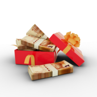 3d rendering stack of South Africa Rand notes in a red gift box on isolated transparent background png