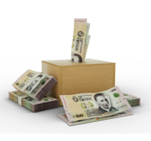 100 Uruguayan Peso Uruguayo notes inside an open wooden savings box. set of savings concept. Generic Piggy Bank, Penny Bank, Money Box. 3d rendering png