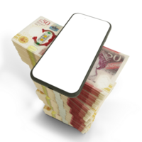 3D rendering of mobile phone with blank screen on top of stacks of British pounds sterling notes arranged in a long single column png