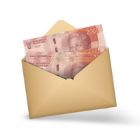South African Rand notes inside an open brown envelope. 3D illustration of money in an open envelope isolatd on transparent background png