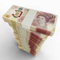 3D rendering of stacks of British pounds sterling notes isolated on transparent background png