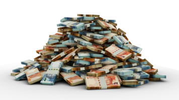 Big pile of stacks of South African Rand notes a lot of money isolated over transparent background. 3d rendering of bundles of cash png