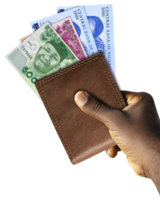 Black Hand Holding brown wallet With Nigerian naira notes isolated on a transparent background png