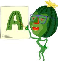 Cartoon watermelon teacher with glasses pointing at picture with letter A. illustration of cartoon character watermelon teacher with glasses pointing at picture with pointer in his hand. vector