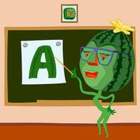 Watermelon teacher with glasses pointing at picture with letter A. illustration of cartoon character watermelon teacher with glasses pointing at picture attached to school board with pointer vector
