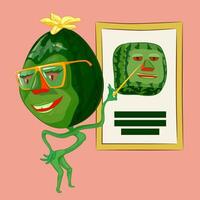 Cartoon watermelon with glasses holding pointer in his hand. illustration of cartoon watermelon character with glasses holding pointer in his hand, pointing at picture. vector