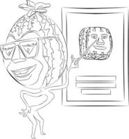 Line art illustration of cartoon watermelon with glasses holding pointer in his hand. illustration of cartoon watermelon character with glasses holding pointer in his hand, pointing at picture. vector