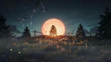 A large red moon rises behind silhouetted trees in a serene night landscape, with stars dotting the twilight sky. video