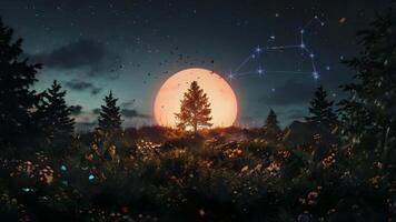 A large red moon rises behind silhouetted trees in a serene night landscape, with stars dotting the twilight sky. video