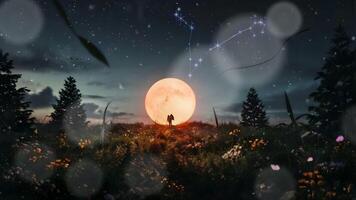 A large red moon rises behind silhouetted trees in a serene night landscape, with stars dotting the twilight sky. video