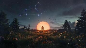 A large red moon rises behind silhouetted trees in a serene night landscape, with stars dotting the twilight sky. video
