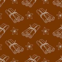 Pattern with cinnamon sticks and vanilla flower white contour drawing on brown background vector