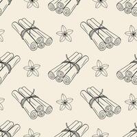 Pattern with cinnamon sticks and vanilla flower doodle outline drawing on pastel beige background vector