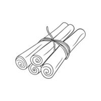 Cinnamon sticks tied with string, doodle drawing isolated on white background. vector