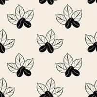 Pattern coffee beans on coffee leaves, doodle stylized contour drawing. vector