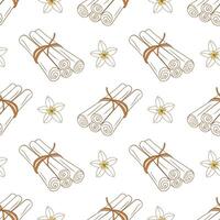 Pattern with brown cinnamon sticks and vanilla flower, doodle outline contour drawing on white background vector