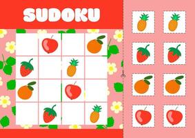 Sudoku with images of strawberry, pineapple, orange and apple. Children's logic puzzle game. vector