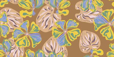 a pattern with yellow and blue flowers on a brown background vector