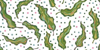 a pattern with green leaves and polka dots vector