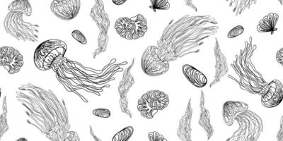a black and white pattern with jellyfish and other sea creatures vector